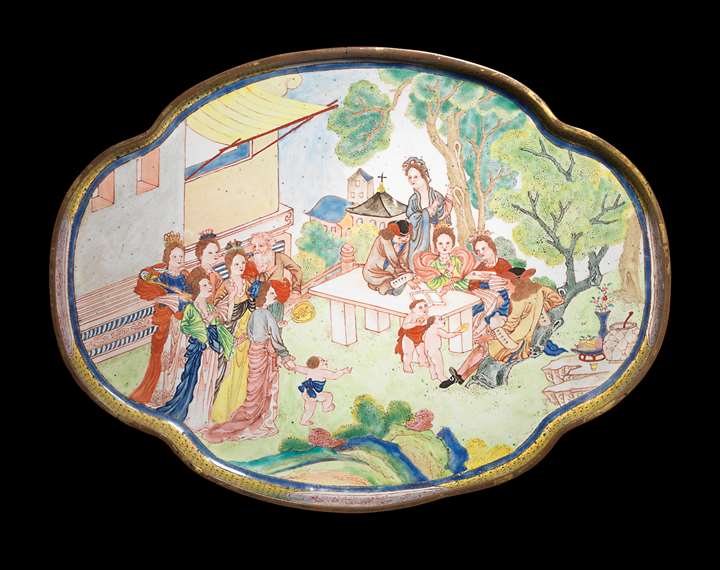 Chinese painted enamel on copper tray, european subject, canton imperial workshop